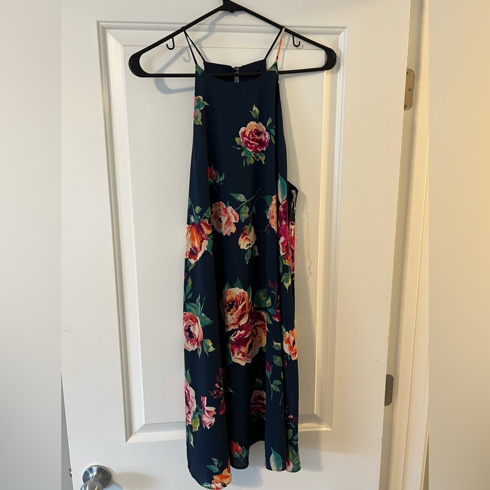 Dress - L - Never worn - Blue with Pink/Red Flowers